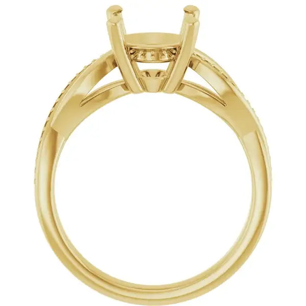 Gold engagement ring setting with oval stone holder and textured side bands.