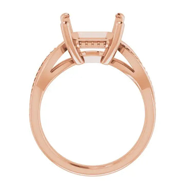 Rose gold engagement ring setting with U-shaped prongs and textured band, designed for asscher cut stones.