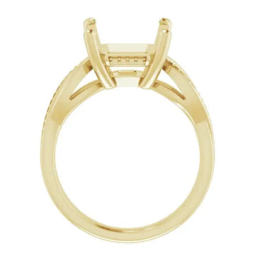 Yellow gold engagement ring setting with open asscher-cut stone holder and textured band sides.