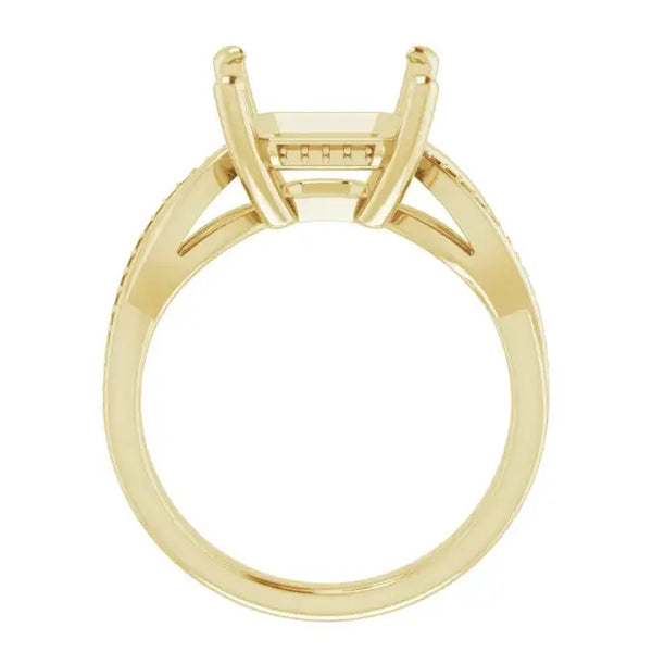 Yellow gold engagement ring setting with open asscher-cut stone holder and textured band sides.