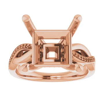 Rose gold engagement ring setting with square stone holder and twisted band design with accent details.