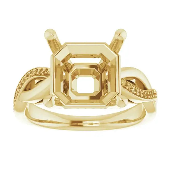 Gold engagement ring setting with asscher-cut stone mount, twisted side bands, and prong head detail.