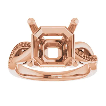 Rose gold engagement ring setting with asscher-cut stone holder and twisted side bands.