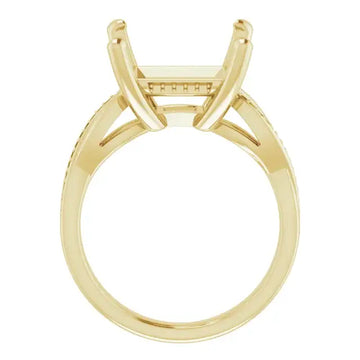 Gold engagement ring setting with square stone holder and curved side prongs.