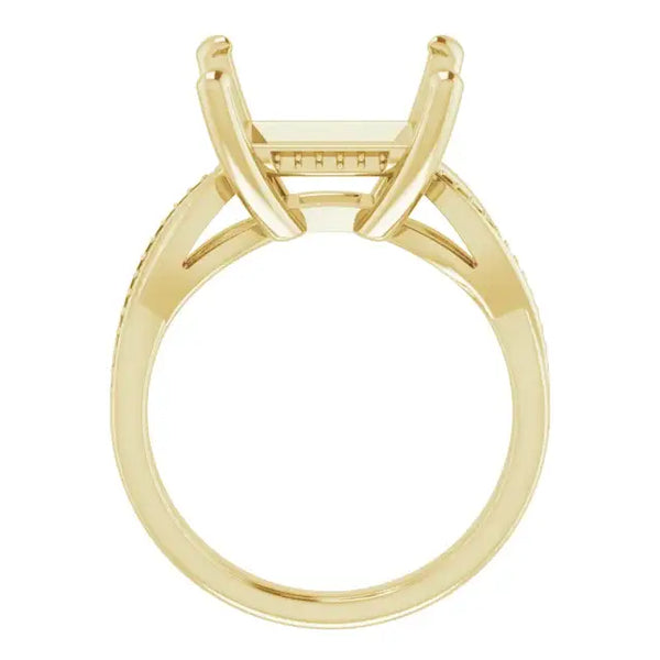 Gold engagement ring setting with square stone holder and curved side prongs.