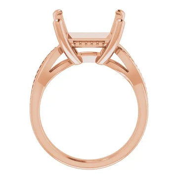 Rose gold engagement ring setting with square stone holder and textured band shown from above.