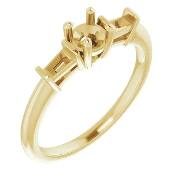 Gold engagement ring setting with ornate center prongs for round stone, polished band.