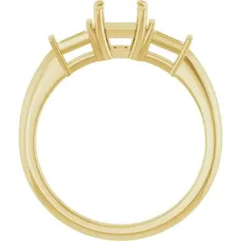 Gold engagement ring setting with six prongs positioned for an asscher-cut stone.