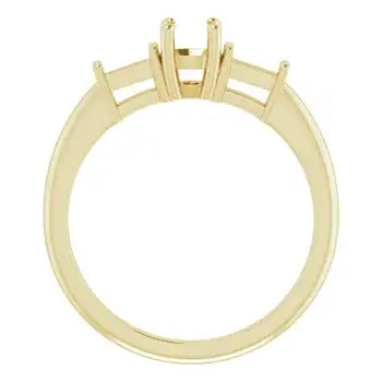 Gold engagement ring setting with six prongs for round stone, shown from side view.