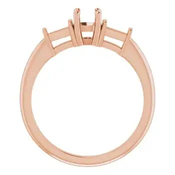 Rose gold engagement ring setting with six prongs holding empty round stone seat, viewed from above.