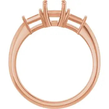 Rose gold engagement ring setting with six prongs for cushion-cut stone, shown from side profile.
