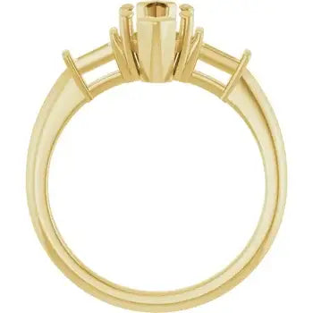 Gold engagement ring setting with cylindrical center stone holder and two side accent stone seats.