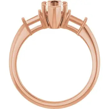 Rose gold engagement ring setting with marquise stone holder and curved side accents, shown from above.