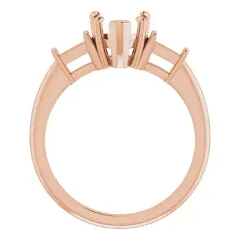 Rose gold engagement ring setting with prong setting for heart-shaped stone and accent stones on shoulders.