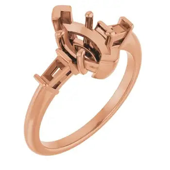 Rose gold engagement ring setting with open marquise-shaped stone holder and decorative side accents.