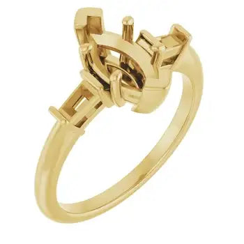 Yellow gold engagement ring setting with marquise stone holder and decorative split shank design.