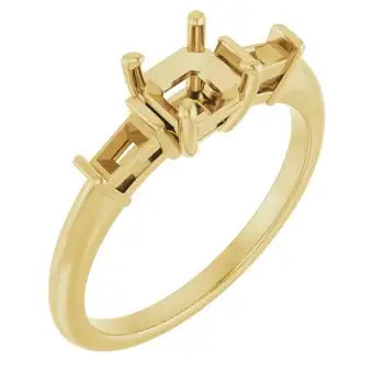 Gold engagement ring setting with three-stone Asscher cut diamond mounting and polished band.