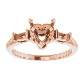 Rose gold engagement ring setting with heart-shaped center stone and geometric side accents.