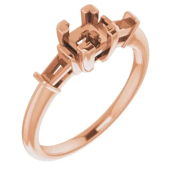 Rose gold engagement ring setting with geometric square stone holder and tapered band.