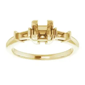 Gold engagement ring setting with square stone holder in center and smaller square stone settings on sides.