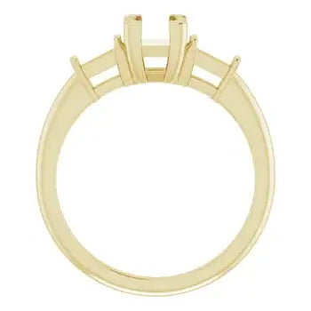 Gold engagement ring setting with elevated square stone head and curved band, shown from side view.