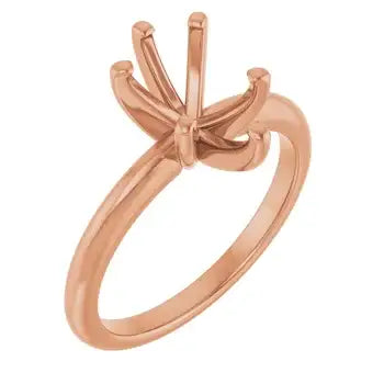 Rose gold solitaire engagement ring setting with pear-shaped stone holder and twisted prong design.