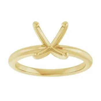 Gold solitaire engagement ring setting with crossed prongs for oval stone.