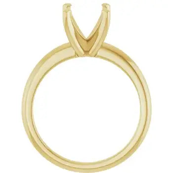 Gold solitaire engagement ring setting with V-shaped prongs for oval stone.