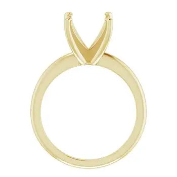 Gold solitaire engagement ring setting with V-shaped prongs for round stones.