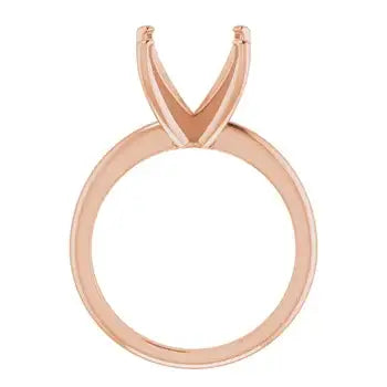 Rose gold solitaire ring setting with V-shaped prongs for cushion cut stones, shown from above.