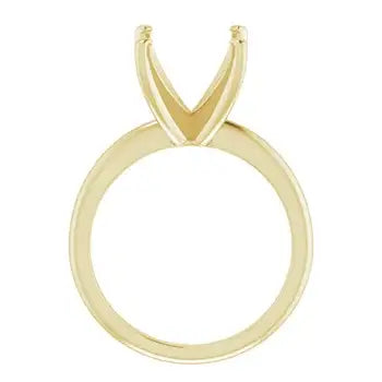 Yellow gold solitaire ring setting with V-shaped prongs for cushion stone, shown from above.