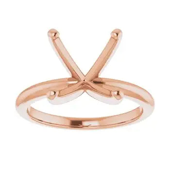 Rose gold solitaire engagement ring setting with crossed prongs, sized for cushion-cut stones.