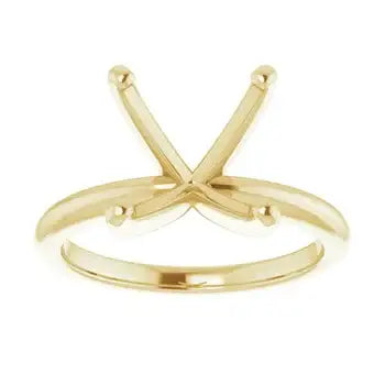 Gold solitaire engagement ring setting with crossed prong design for cushion stones.