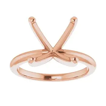 Rose gold solitaire engagement ring setting with V-shaped prongs for asscher cut stone.