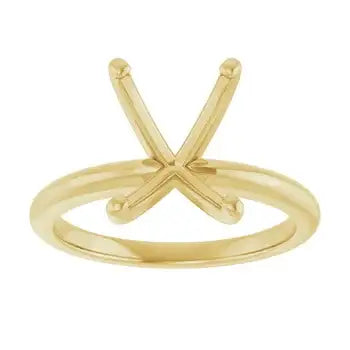 Yellow gold solitaire engagement ring setting with crossed prongs, sized for emerald-cut stones.
