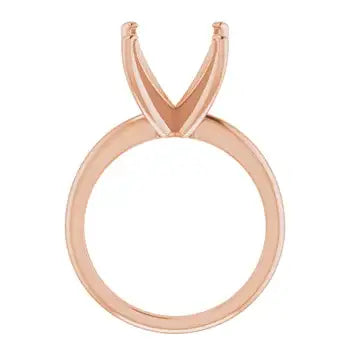 Rose gold solitaire engagement ring setting with V-shaped prongs for asscher cut stone.