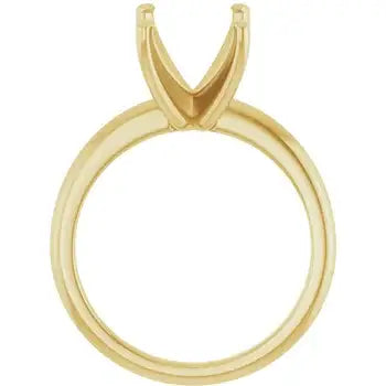 Gold solitaire engagement ring setting with V-shaped prong head for emerald stone.