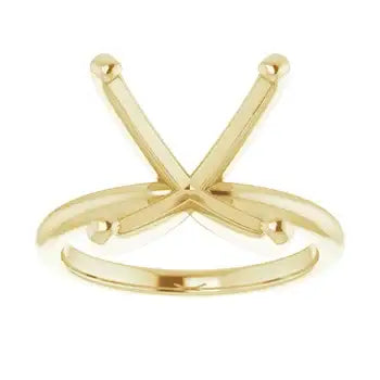 Gold solitaire engagement ring setting with crossed prongs for square stone, viewed from above.