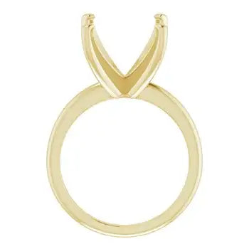 Gold solitaire engagement ring setting with V-shaped prongs for square stone.