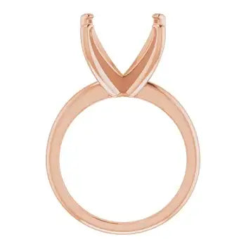 Rose gold solitaire ring setting with V-shaped prongs for square stones, shown from above.