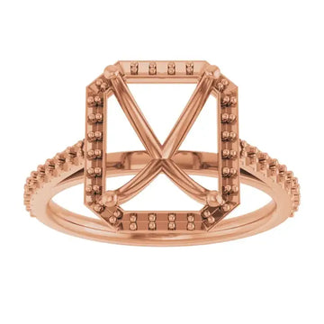 Rose gold ring setting with square halo frame, pavé diamonds on band and halo, four-prong center stone holder.