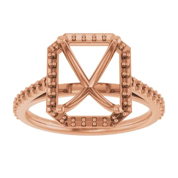 Rose gold ring setting with square halo frame, pavé diamonds on band and halo, four-prong center stone holder.