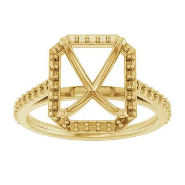 Gold ring setting with square halo frame, four prongs, pavé-textured band, and X-shaped center support.