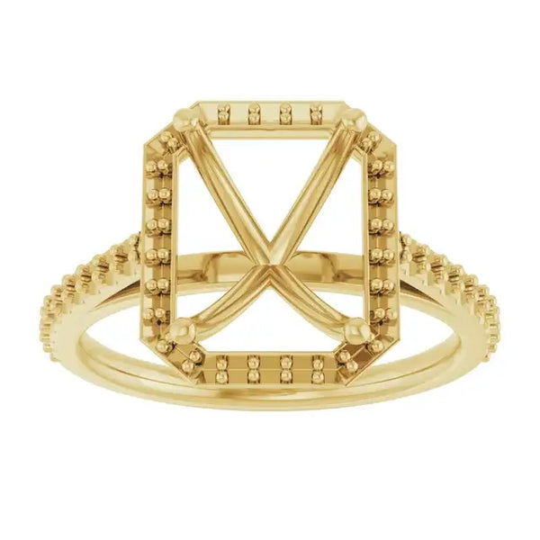Gold ring setting with square halo frame, four prongs, pavé-textured band, and X-shaped center support.