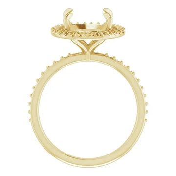 Yellow gold halo engagement ring setting with curved prongs and beaded halo crown for round center stone.