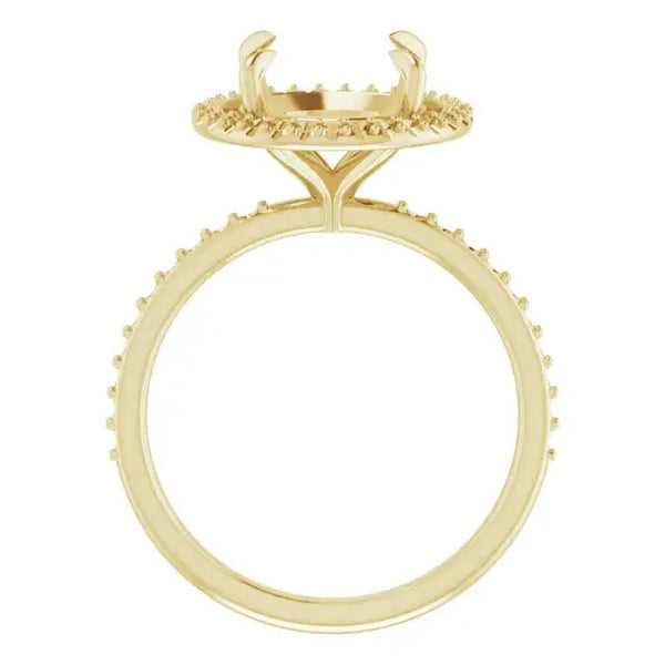 Yellow gold halo engagement ring setting with curved prongs and beaded halo crown for round center stone.