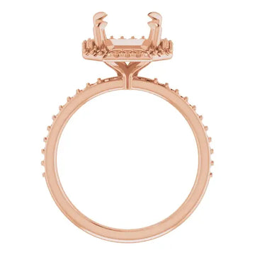 Rose gold engagement ring setting with halo-style prongs and diamond accent band, shown from above.