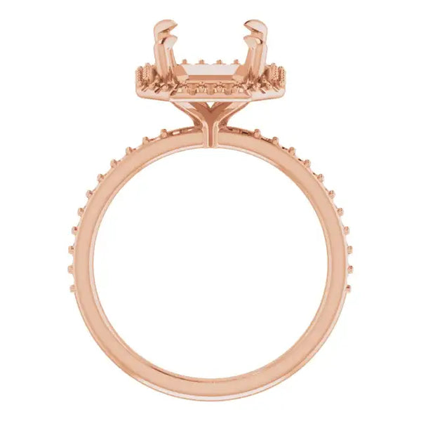 Rose gold engagement ring setting with halo-style prongs and diamond accent band, shown from above.