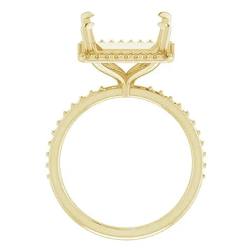 Gold engagement ring setting with rectangular halo head and diamond accent band, empty square stone holder.
