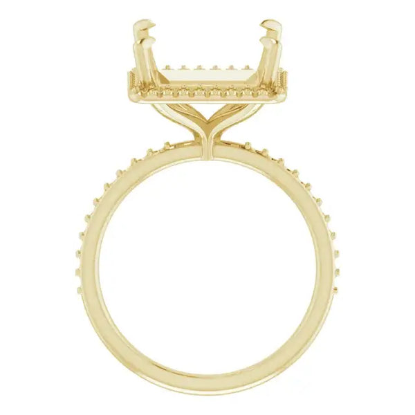 Gold engagement ring setting with rectangular halo head and diamond accent band, empty square stone holder.